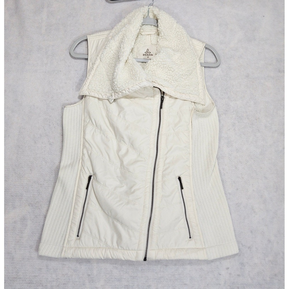 prAna Puffer Vest Women M Diva Quilted Asymmetrical Full Zip Sherpa Lined White